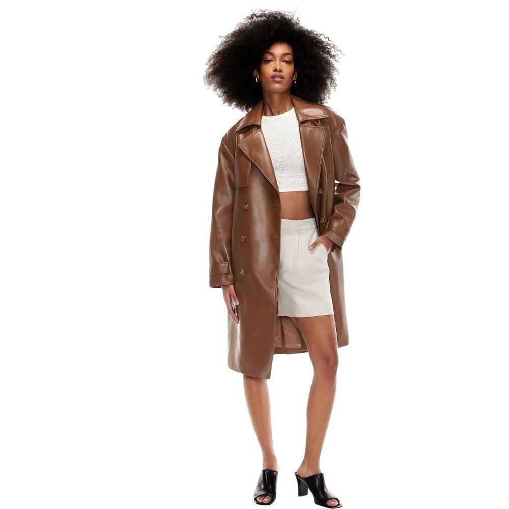 Aritzia Babaton Brown Faux Leather Double-Breasted Trench Coat Vegan Mid S